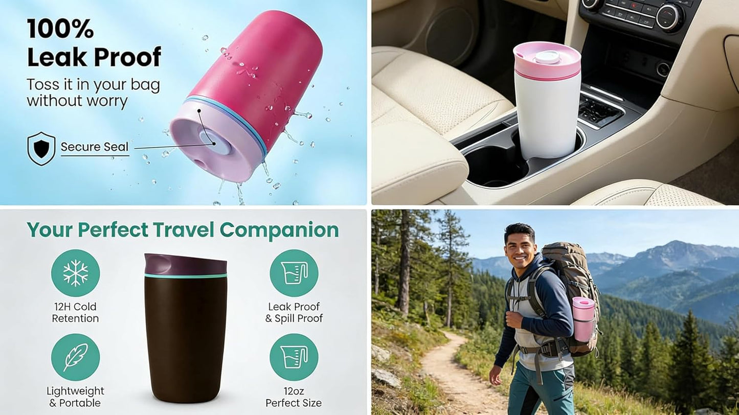 SmoothSip 12 oz Insulated Stainless Steel Coffee Tumbler with Slider Lid, Travel Mug for Hot and Iced Beverages, Black with Brown Lid