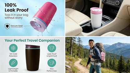 SmoothSip 12 oz Insulated Stainless Steel Coffee Tumbler with Slider Lid, Travel Mug for Hot and Iced Beverages, Black with Brown Lid