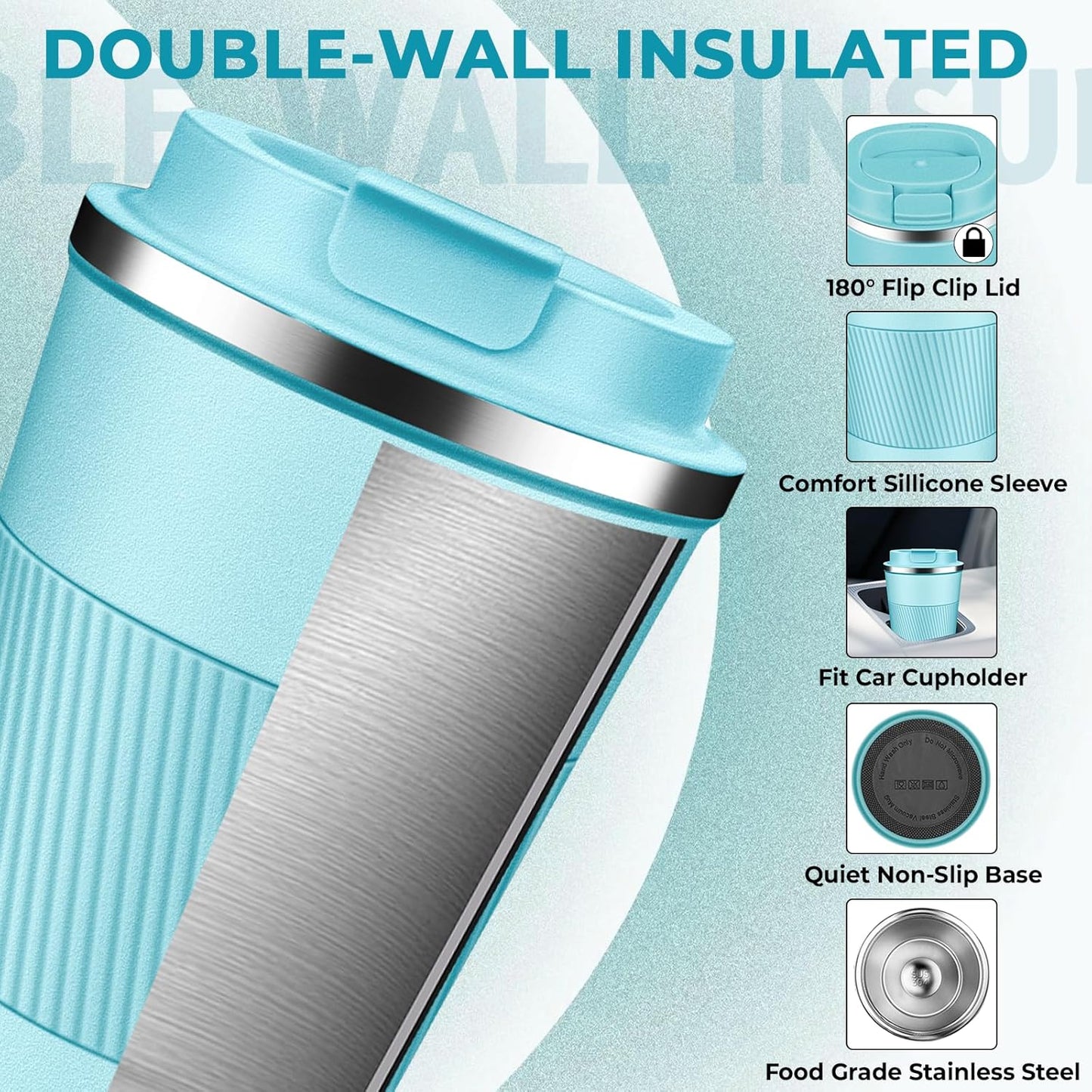 Insulated Coffee Tumbler 12 oz, Stainless Steel Coffee Mug with Lids, Travel Coffee Mug Leak Proof, Double Wall Vacuum Insulated Reusable Coffee Cup, Keep Drinks Hot and Cold (Sky Blue, 12 Ounces)