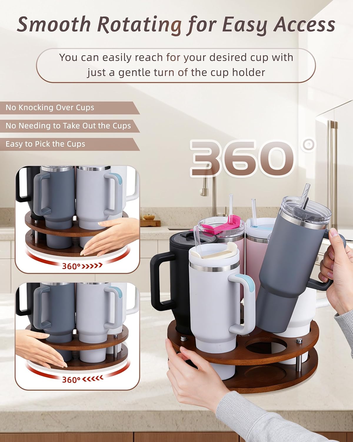 Rotating Wood Tumbler Organizer, 30 oz 40 oz Spinning Turnable Tumblers Holder, 360° Rotatable 7 Large Cups Bottle Tumbler Storage Display Stand, Rotate Syrup Organizer for Cabinet Countertop