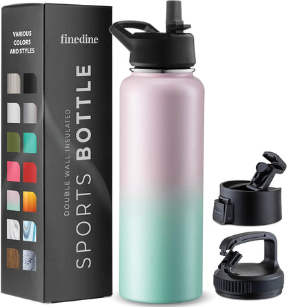 FineDine Water Bottle - Stainless Steel Insulated Water Bottle with Straw Lid, Flip Lid & Wide-Mouth Cap - Keeps Hot and Cold - 25 Oz / 739ml - Dreamy Purple