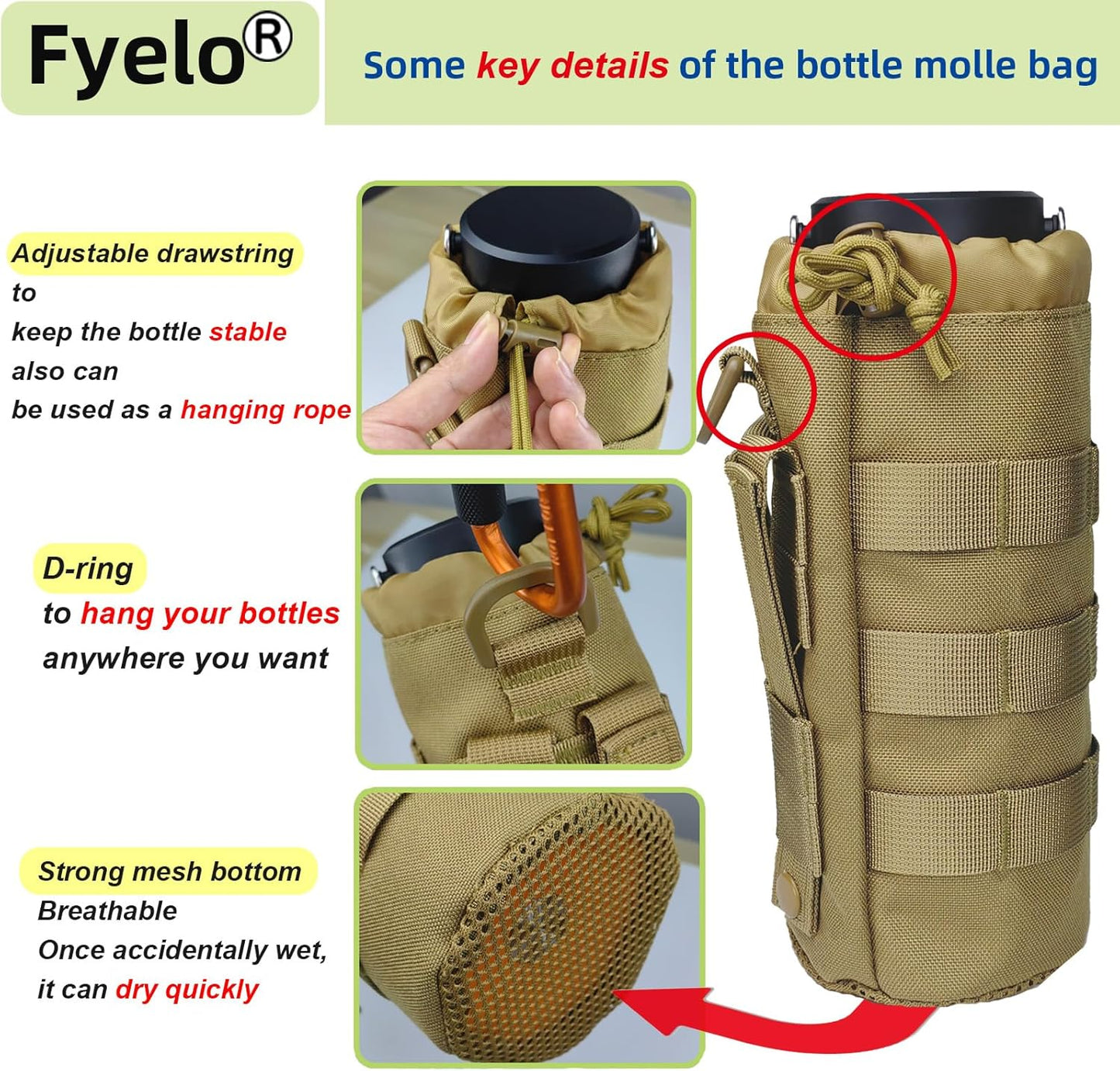 Tactical MOLLE Bottle Pouch Bag, Travel/Sprots Molle Water Bottle Holder with Drawstring Open Top and Mesh Bottom