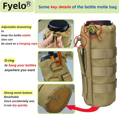 Tactical MOLLE Bottle Pouch Bag, Travel/Sprots Molle Water Bottle Holder with Drawstring Open Top and Mesh Bottom