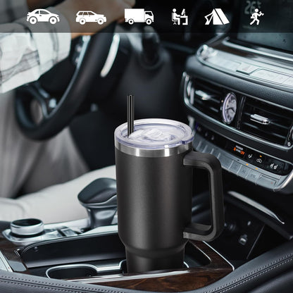 DOMICARE 40 oz Tumbler with Handle and Straw, Stainless Steel Tumbler with Lid and Straw, Reusable Vacuum Insulated Cup, Travel Coffee Mug, Blue, 1Pack
