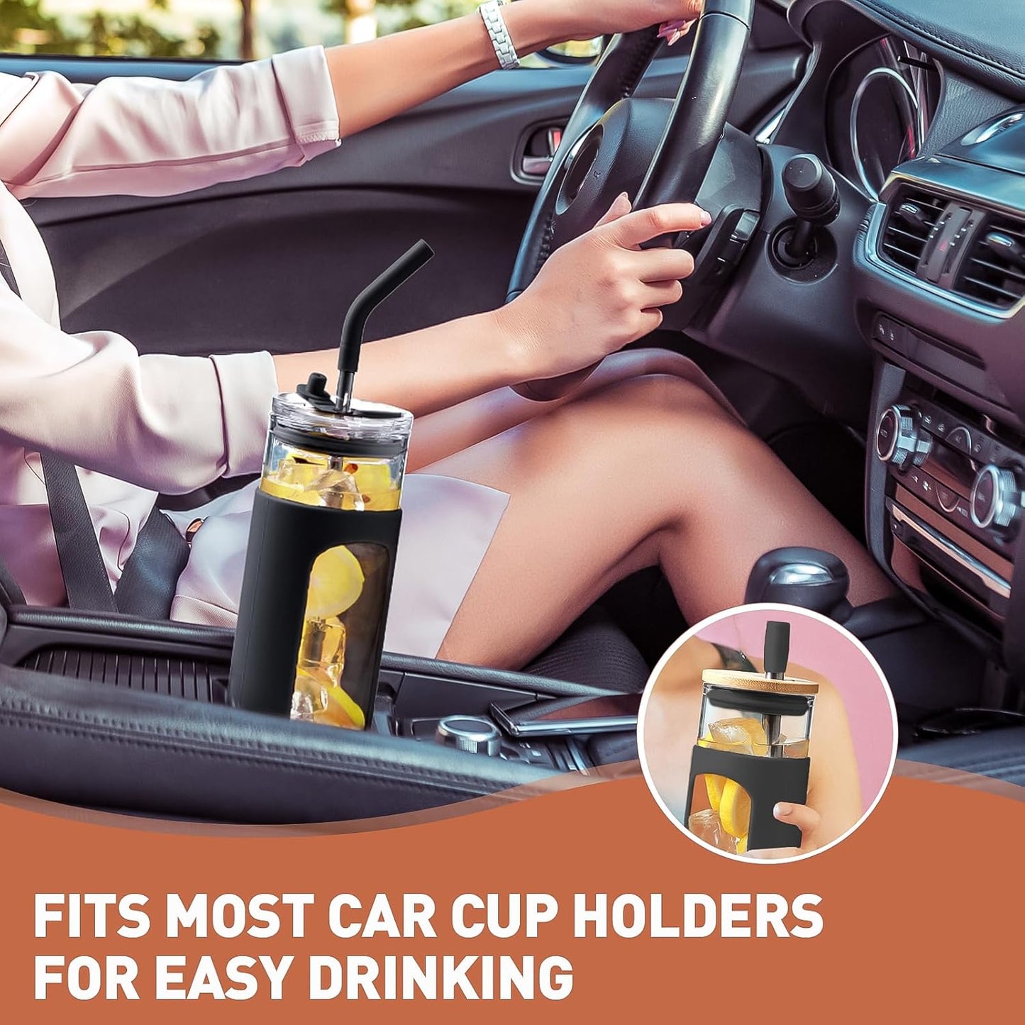Kodrine 20oz Glass Water Tumbler with Straw and Lid, Bamboo Lids Water Bottle, Iced Coffee Cup Reusable, Wide Mouth Smoothie Cups with Protective Silicone Sleeve BPA FREE-Black - Colors B