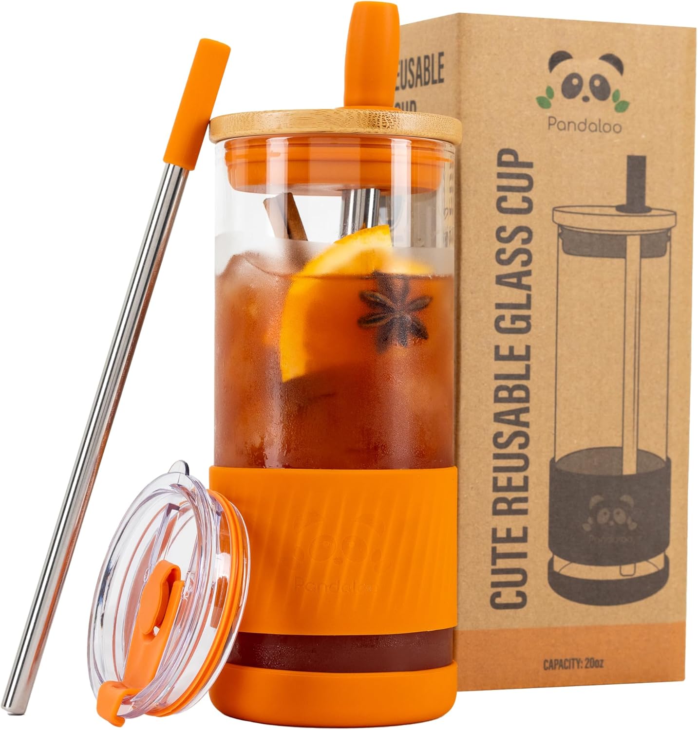 Pandaloo® Glass Cups With Lids and Straws -20 Fl Oz- Perfect Size Iced Coffee Cup - Smoothie Cup With Bamboo Lid and On the go Lid - Glass Tumbler With Straw (1 Count (Pack of 1), Lilac Rhapsody)