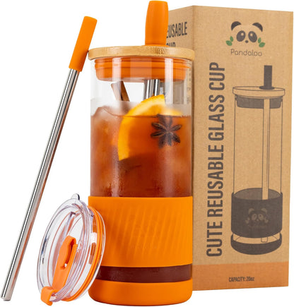 Pandaloo® Glass Cups With Lids and Straws -20 Fl Oz- Perfect Size Iced Coffee Cup - Smoothie Cup With Bamboo Lid and On the go Lid - Glass Tumbler With Straw (1 Count (Pack of 1), Lilac Rhapsody)