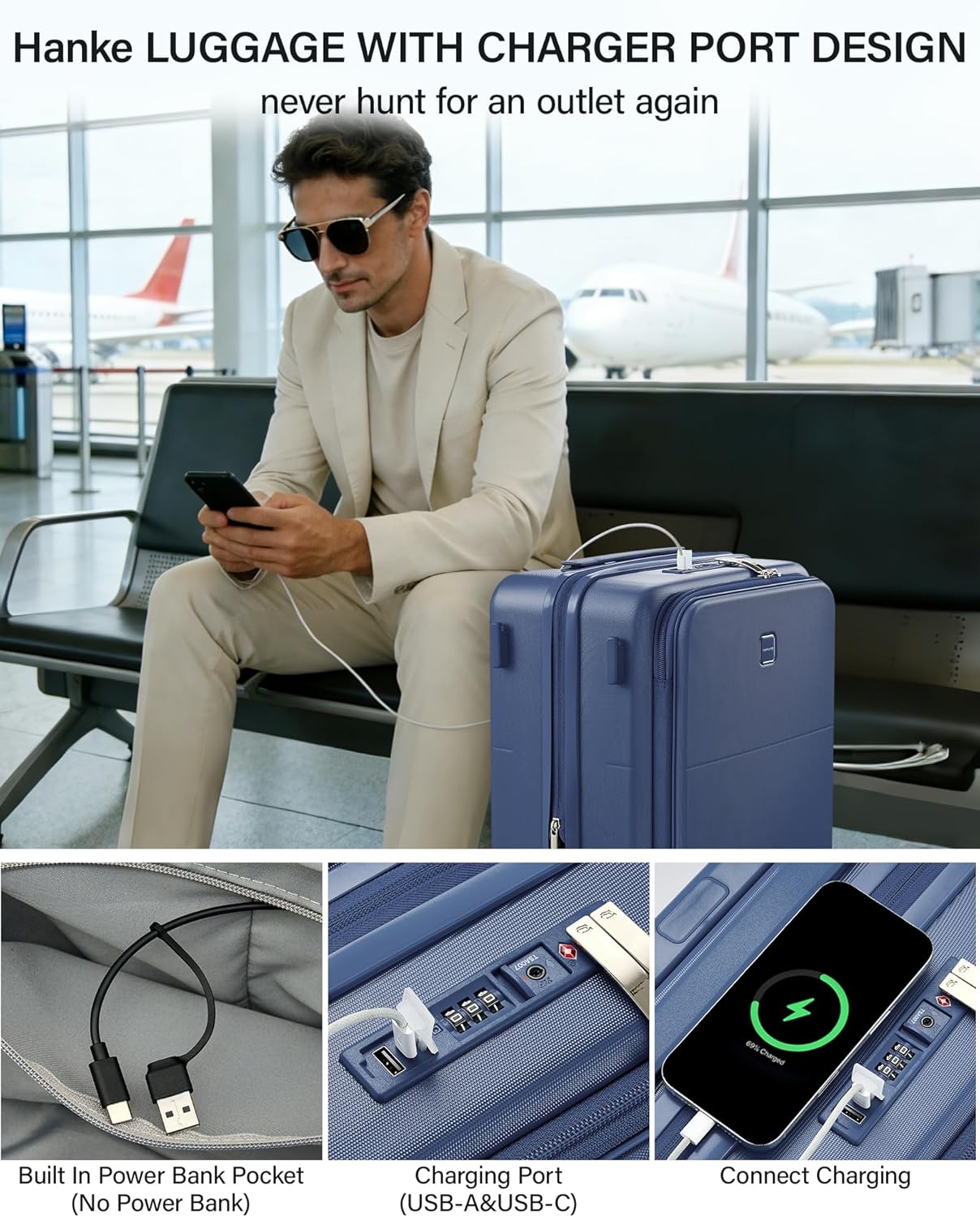 Hanke 20 Inch Expandable Carry On Luggage with Cup Holder 22x14x9 Airline Approved, Top Opening Hard Shell Suitcases with Wheels, Carry-On Travel Suitcase Trunk Luggage with Lock, Smoke White