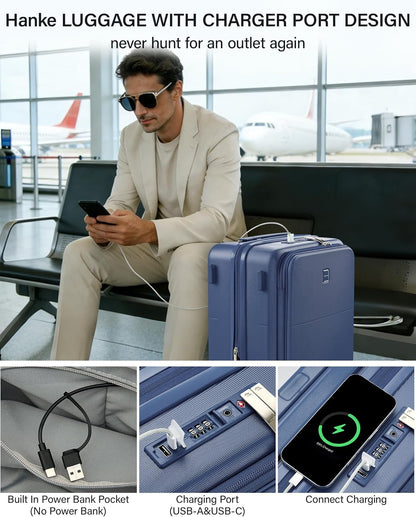 Hanke 20 Inch Expandable Carry On Luggage with Cup Holder 22x14x9 Airline Approved, Top Opening Hard Shell Suitcases with Wheels, Carry-On Travel Suitcase Trunk Luggage with Lock, Smoke White