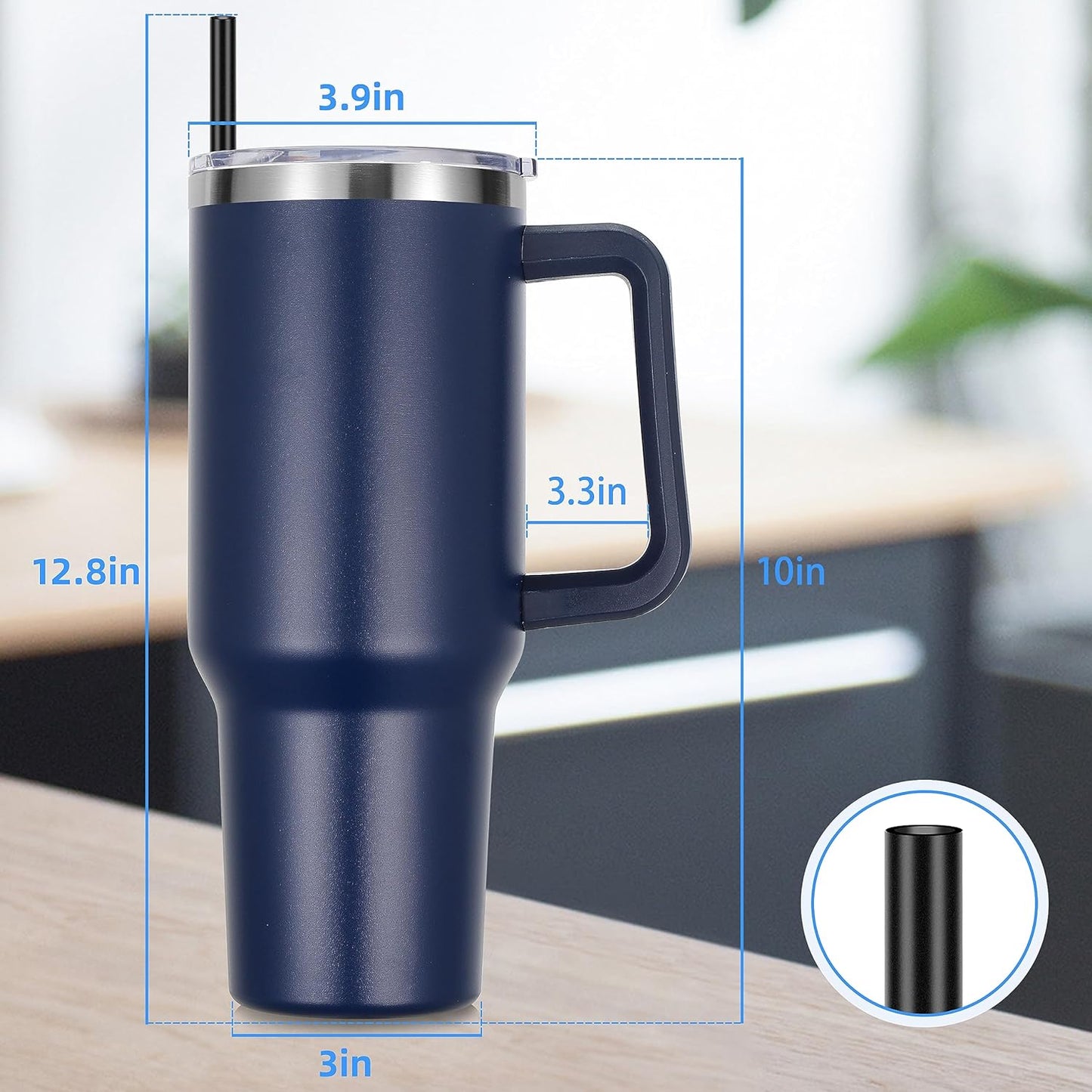 DOMICARE 40 oz Tumbler with Handle and Straw, Stainless Steel Tumbler with Lid and Straw, Reusable Vacuum Insulated Cup, Travel Coffee Mug, Blue, 1Pack