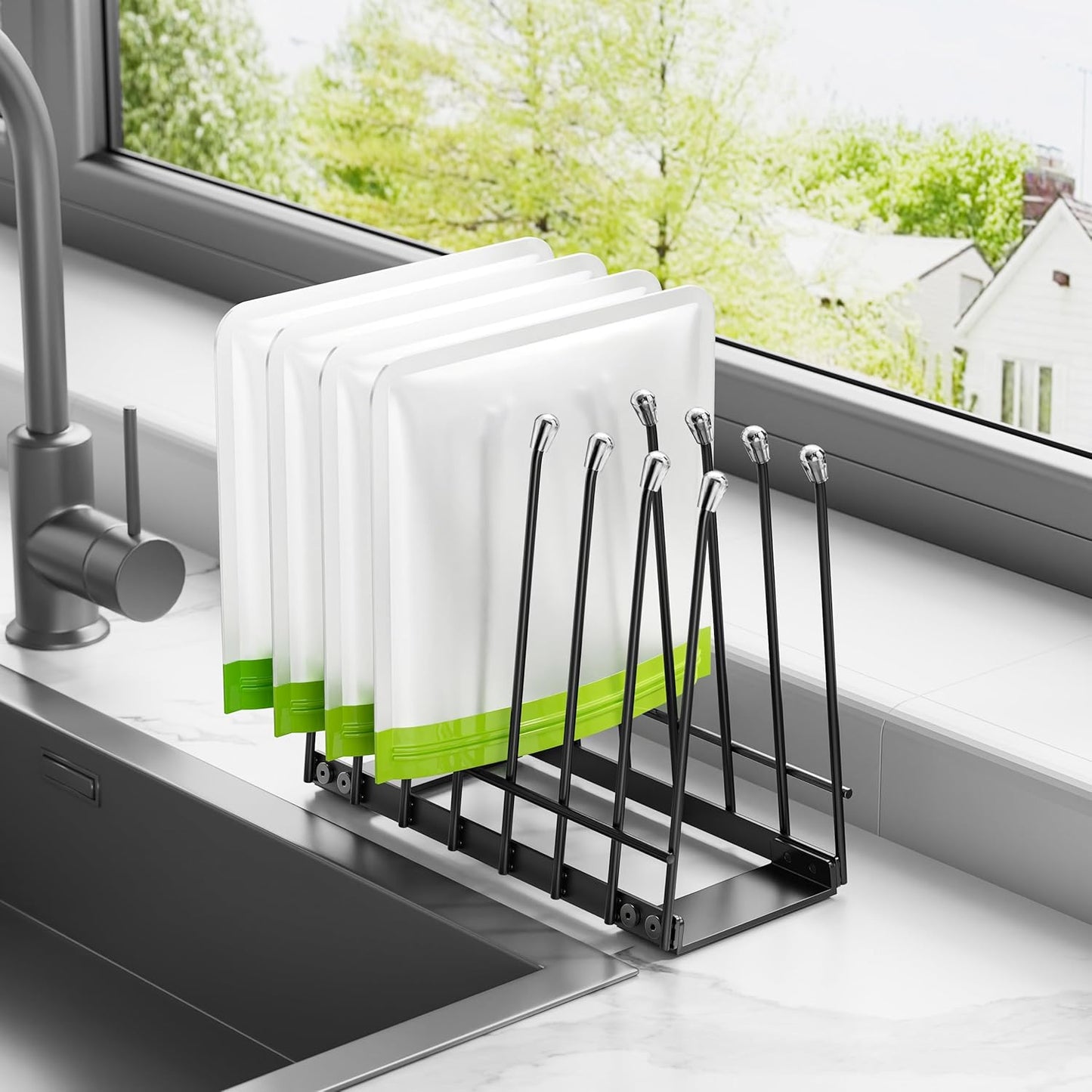 Plastic Bag Drying Rack, Metal Reusable Silicone Ziplock Bag & Bottle Drying Stand, Lerine Drying Rack Kitchen Organizer, Silver