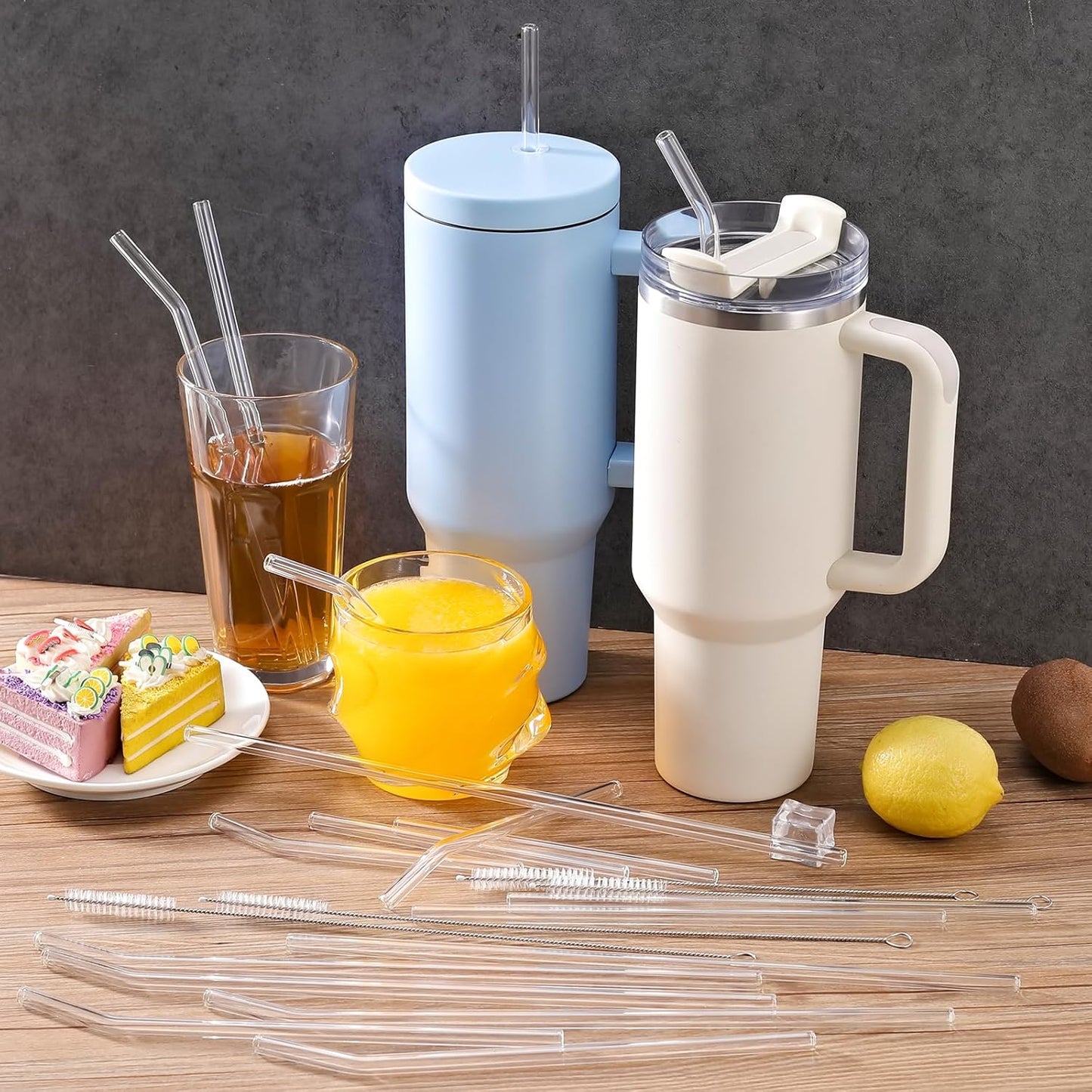 [22 Pcs] Reusable Glass Straws Shatter Resistant - Size 12"x8mm,9"x8mm,6"x8mm Including 9 Straight and 9 Bent Clear Glass Straws with 4 Cleaning Brush for 20 30 40 oz Tumblers,Cocktail,Coffee,Juice