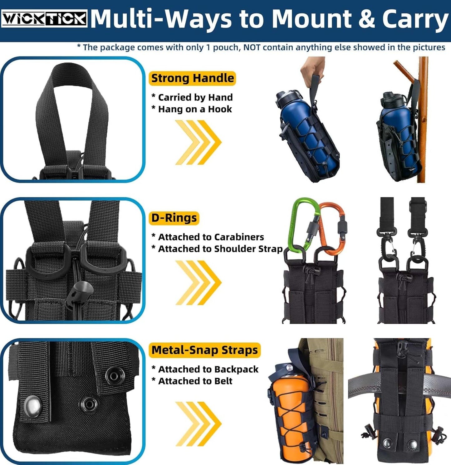 WICKTICK Molle Water Bottle Holder Pouch 16 24 32 40 64 oz - Multi-Purpose Tactical Fuel Bottle Bag, Adjustable Size for Outdoor Activities, Adapted to Backpack/Vest/Belt