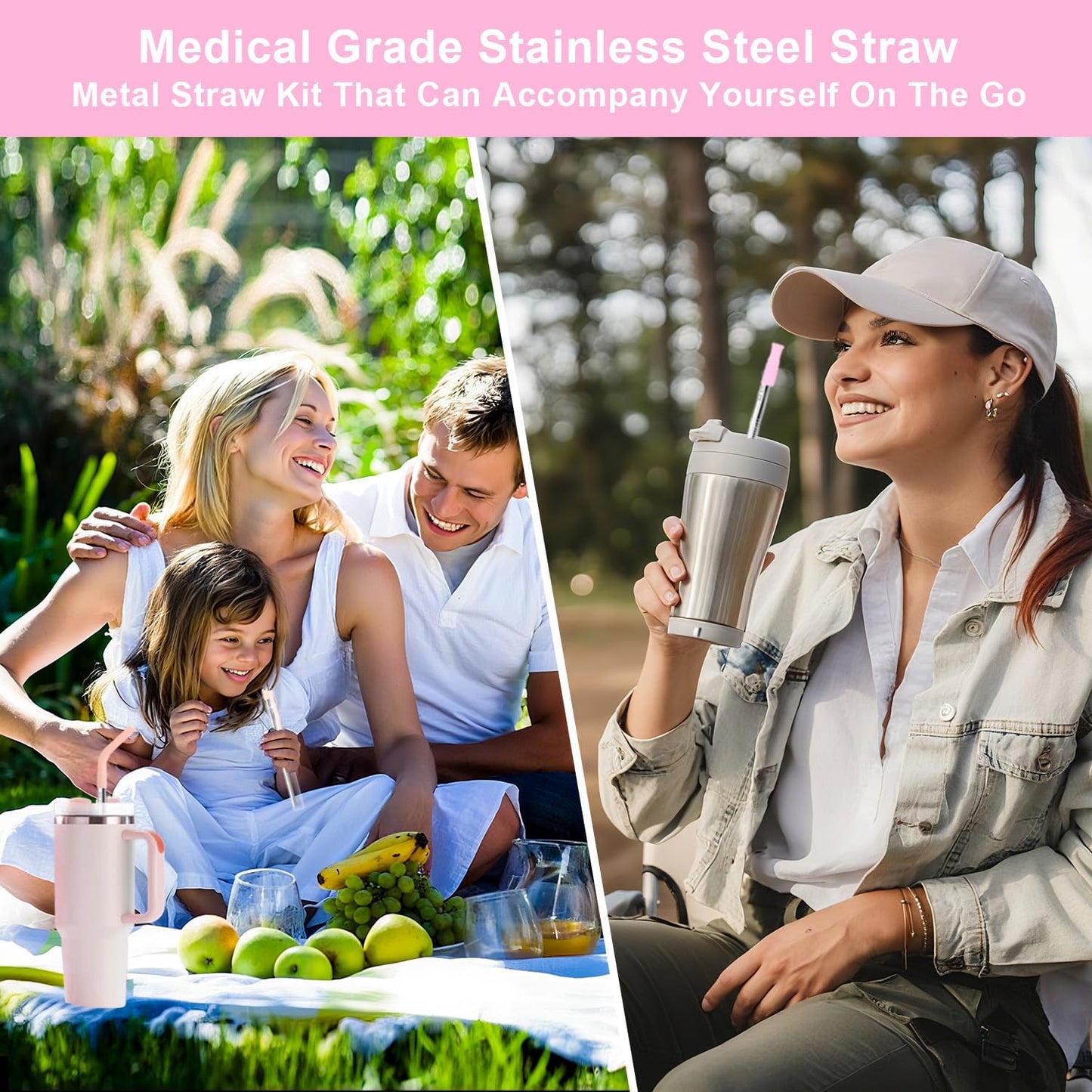 Reusable Stainless Steel Straws Set 6 PCS with 6 Silicone Tips, 2 Straw Brush, 1 Storage Case, Different Sizes of Metal Straws Reusable, Suitable for 14, 20, 30 oz Cups Tumbler, for Hot/Cold Drinks