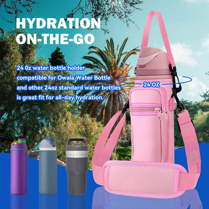 Neoprene Water Bottle Holder Bag with Cell Phone Pocket Compatible with Owala FreeSip 24 oz，Water Bottle Carrying Bag ，with Adjustable Shoulder Strap,for 24oz Stainless Steel Water Bottle