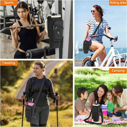 Magnetic Water Bottle Carrier Bag Compatible with Stanley/Meoky 40 oz Tumbler with Handle,Water Bottle Holder Pouch with Adjustable Shoulder Strap & Phone Pocket Fits for Stanley Cup Accessories