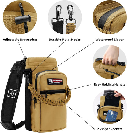 NATURE PIONEOR Water Bottle Holder with Adjustable Strap - 26/32/36/40/46/64oz Insulated Water Bottle Sling Carrier with Paracord Handle & 2 Pockets, Outdoor Sports, Hiking, Camping, Gym