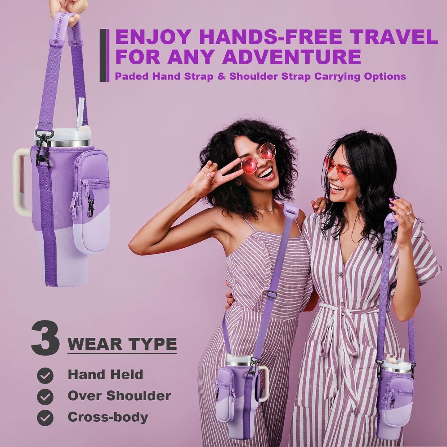BULKITEM Water Bottle Carrier Bag with Phone Pocket for Stanley 40 & 30 oz Tumbler with Handle,Pink Insulated Neoprene Cup Holder Pouch w/Adjustable Strap for Quencher H2.0 Stanley Cup Accessories