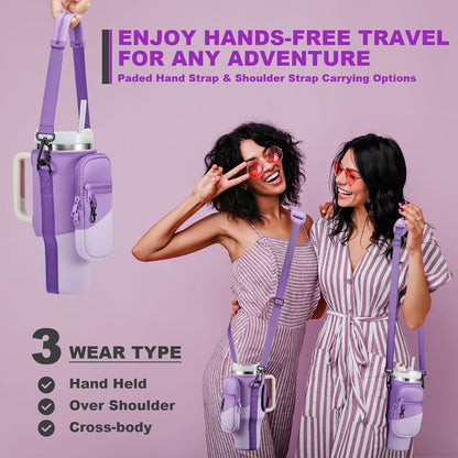 BULKITEM Water Bottle Carrier Bag with Phone Pocket for Stanley 40 & 30 oz Tumbler with Handle,Pink Insulated Neoprene Cup Holder Pouch w/Adjustable Strap for Quencher H2.0 Stanley Cup Accessories