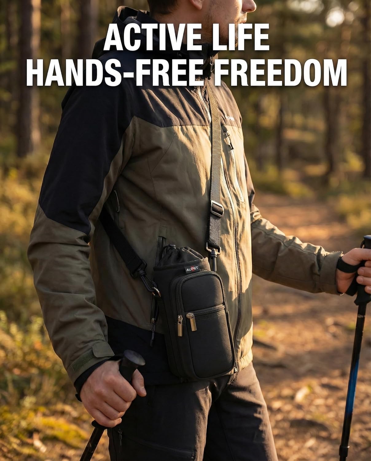 AUPET Water Bottle Sling Bag Sleeve Holder Carrier 25/32/40/64 oz,Insulated Crossbody Water Bottle Case Cover with Strap and Pockets for Men/Women Walking Hiking