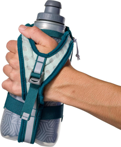 Nathan SpeedDraw 2 Insulated Handheld Running Water Bottle Flask 18oz – Double-Wall Insulation, Ergonomic Grip, Blast Valve Cap, Phone & Key Storage Pockets, Reflective Design