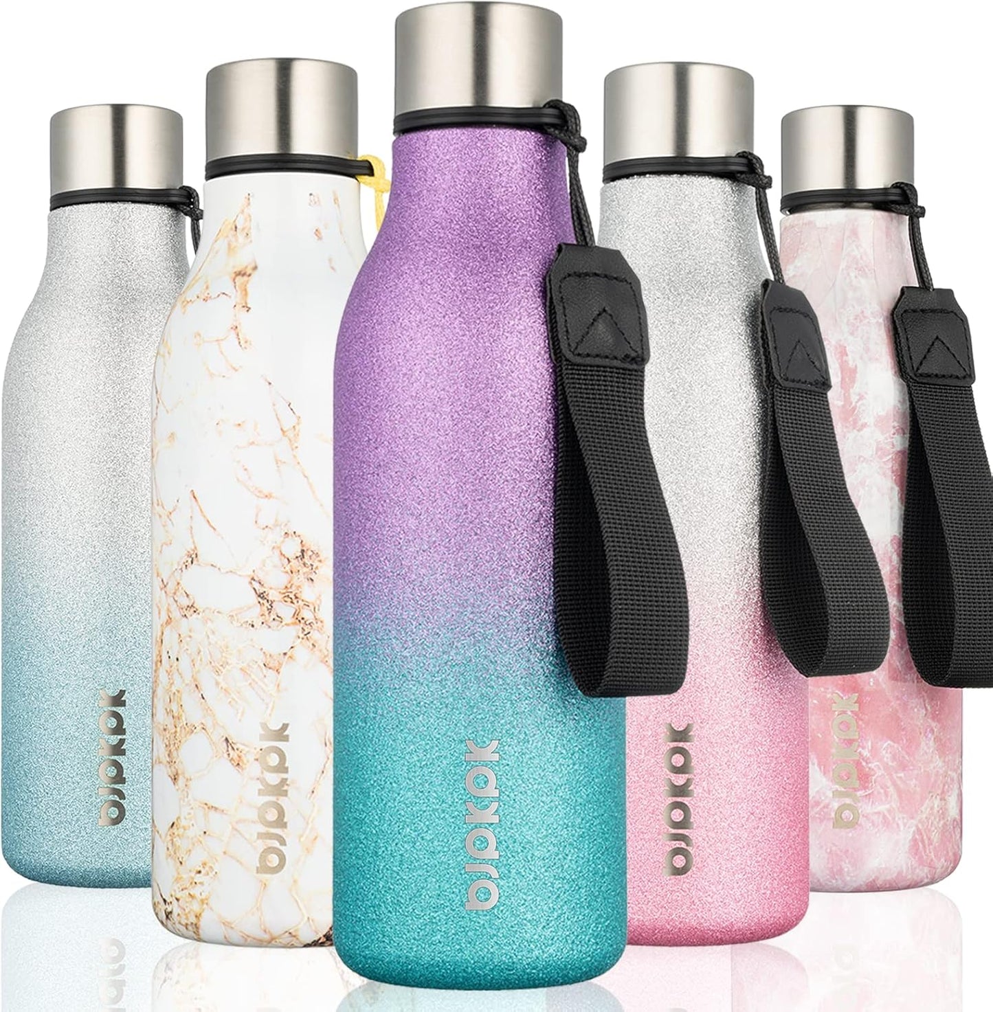 BJPKPK Insulated Water Bottles, 18 oz Stainless Steel Metal Water Bottle with Strap, BPA Free Leak Proof Jugs, Mugs, Flasks, Reusable Thermal Flasks for Sports & Travel, Black - Colors A
