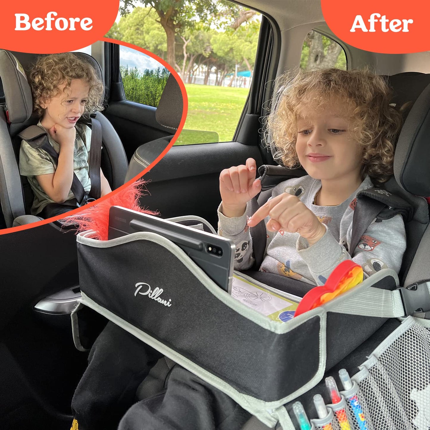 PILLANI Kids Travel Tray for Car - Car Seat Tray with Activity Sheets & Pens, Road Trip Essentials for Car & Airplane, Must Have Toddler Travel Lap Desk Accessories - Road Trip Activities for Kids