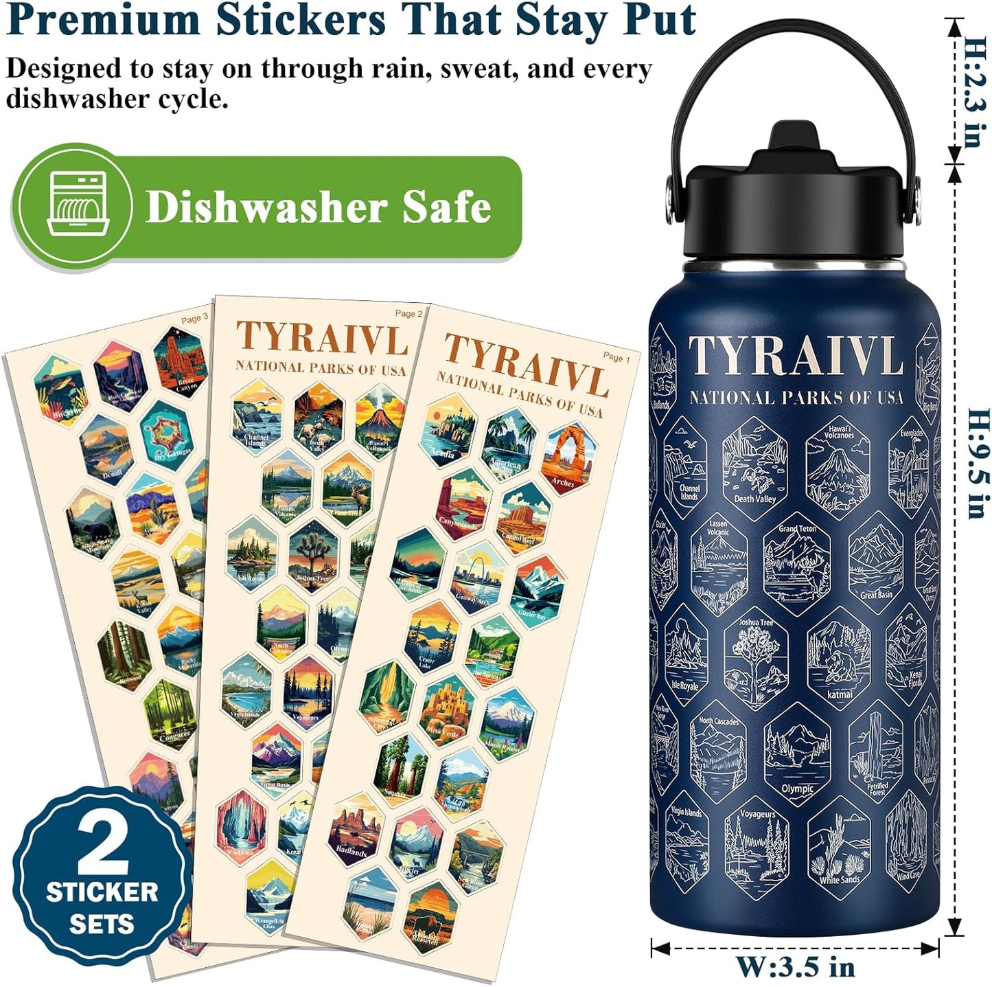 National Parks Water Bottle with Stickers, Birthday Gifts for Men and Women, 32oz Wide Mouth Leakproof Stainless Steel Bucket List Insulated Bottle for Camping & Hiking