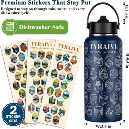 National Parks Water Bottle with Stickers, Birthday Gifts for Men and Women, 32oz Wide Mouth Leakproof Stainless Steel Bucket List Insulated Bottle for Camping & Hiking