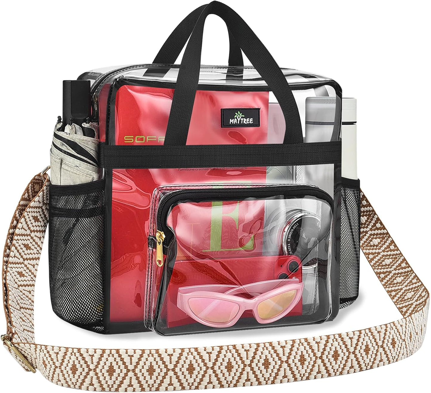 MAY TREE Clear Bag for Stadium Events, 12×5.5×12 Clear Tote Lunch Bag with Non-detachable Reinforced Straps for Work, Sporting Events and Gym, Black