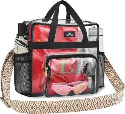 MAY TREE Clear Bag for Stadium Events, 12×5.5×12 Clear Tote Lunch Bag with Non-detachable Reinforced Straps for Work, Sporting Events and Gym, Black