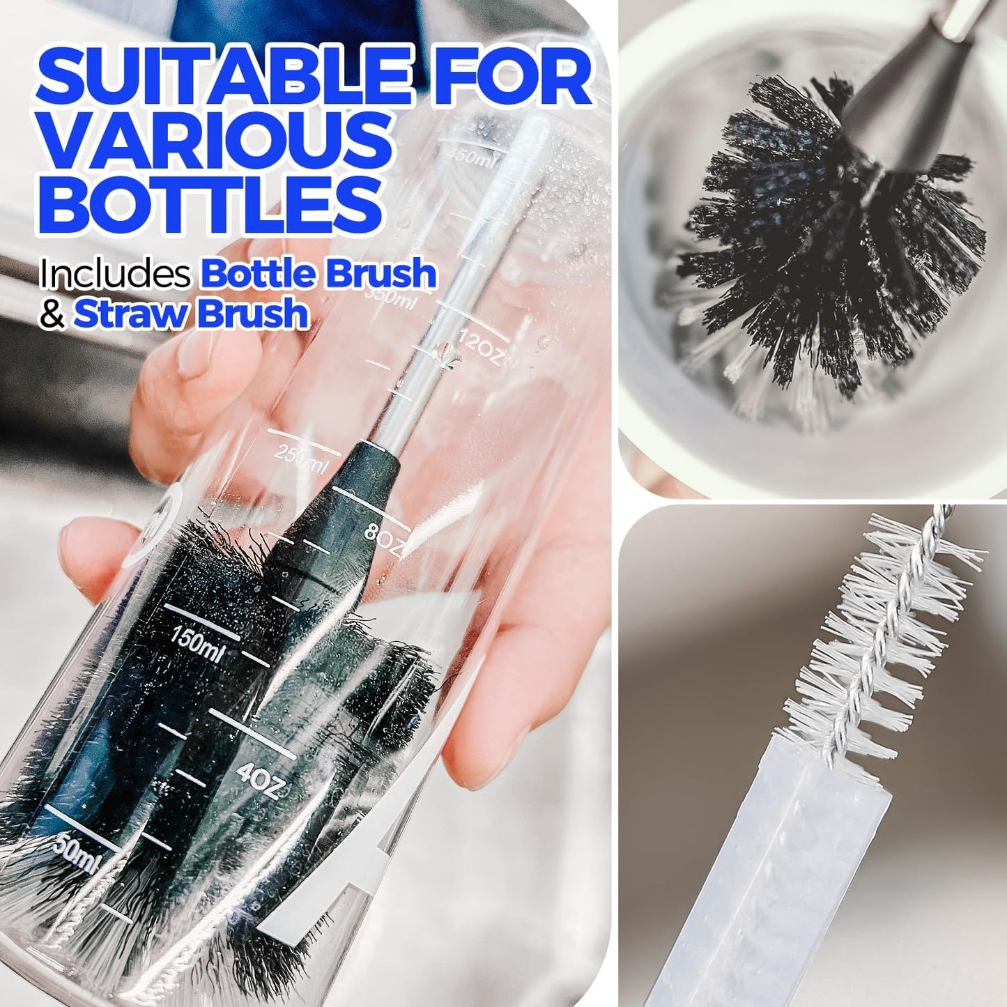 Holikme 6 Pack Bottle Brush Set, 14" Long Handle Stainless Steel Bottle Cleaner Brush, 3 Straw Brushes, 4-in-1 Bottle Cleaning Brush for Water Bottle, Antistatic Lab Brushes Straws, Black