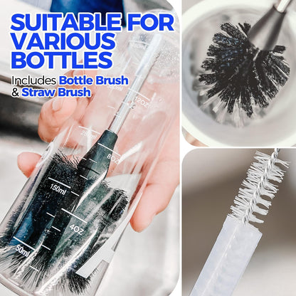 Holikme 6 Pack Bottle Brush Set, 14" Long Handle Stainless Steel Bottle Cleaner Brush, 3 Straw Brushes, 4-in-1 Bottle Cleaning Brush for Water Bottle, Antistatic Lab Brushes Straws, Black