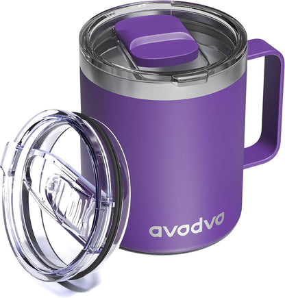 12oz Insulated Coffee Mug with Lid – Includes Two Lids, Stainless Steel Coffee Travel Mug with Handle, Double Wall Vacuum Insulated Camping Mug for Home, Office & Outdoor, Navy Blue