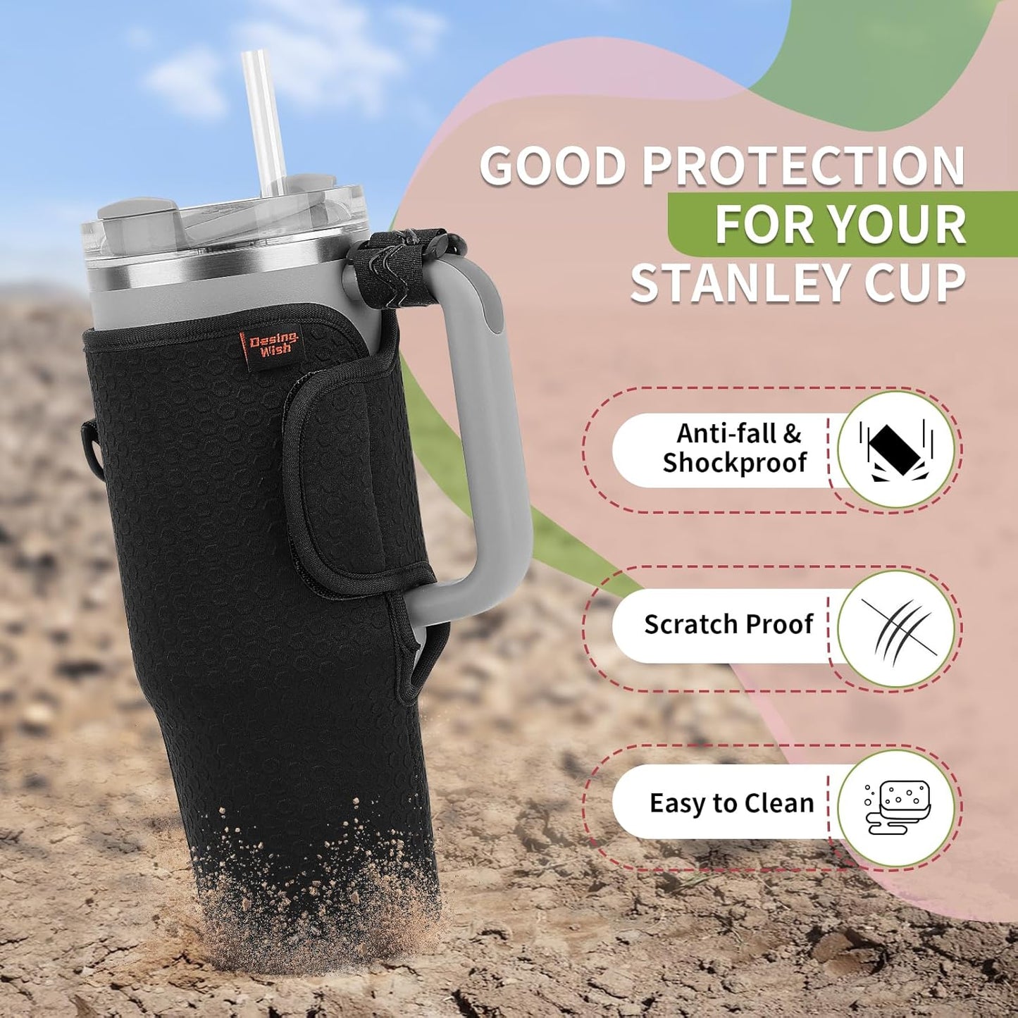 Water Bottle Carrier for Stanley Quencher 30oz Tumbler Cup Water Bottle Holder with Strap Neoprene Protective Tumbler Carrying Bag for Hiking Fitness Travelling - Black