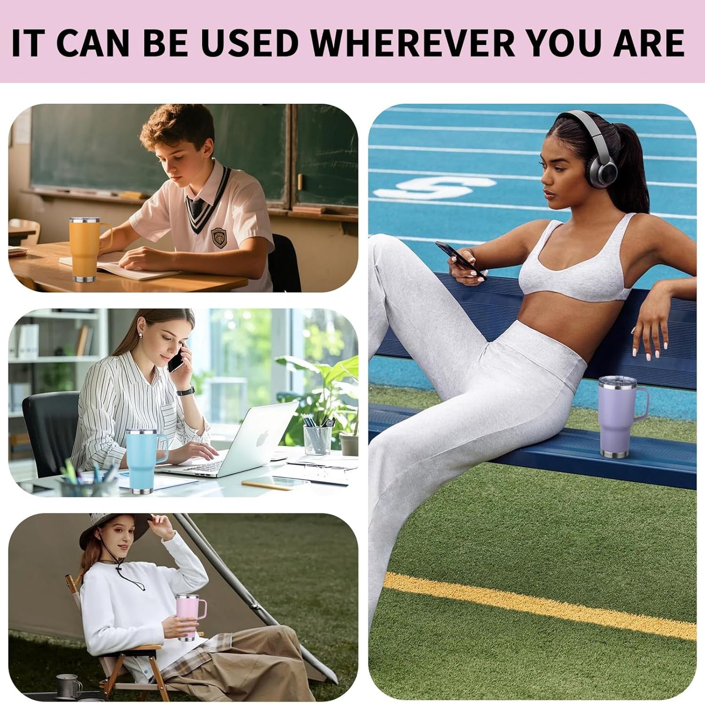 20oz Insulated Tumbler with Handle Stainless Steel Travel Coffee Mug with Lid and Straw Double Wall Vacuum Leak-proof Reusable Thermal Water Cup for Hot and Cold Drinks (Purple,1 Pack)