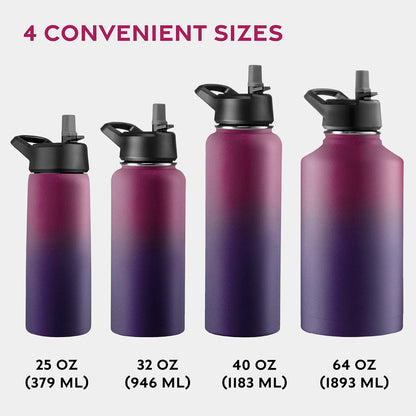 FineDine Water Bottle - Stainless Steel Insulated Water Bottle with Straw Lid, Flip Lid & Wide-Mouth Cap - Keeps Hot and Cold - 25 Oz / 739ml - Dreamy Purple