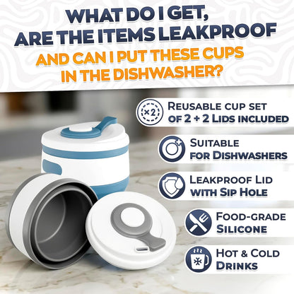 2-Pack Collapsible Cups for Traveling Reusable – 11oz Leakproof Coffee Travel Mug, Silicone, Foldable and Portable for Hiking, Camping, Office | Lightweight and Collapsible Coffee Cups for Outdoor Use