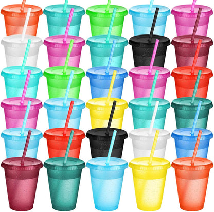 Sieral 30 Pack Cups with Lids and Straws Kids Tumbler with Straw Reusable Water Bottle Iced Coffee Travel Mug Adults Plastic Cups for Parties 16 oz (Candy Colors)