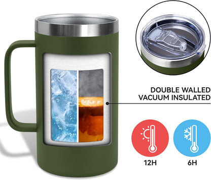 DOMICARE 24oz Mug with Handle and Lid, Stainless Steel Coffee Mug, Reusable Insulated Cup, Travel Mug with Handle, Double Wall Vacuum Coffee Tumbler for Men and Women, Black, Pack 1