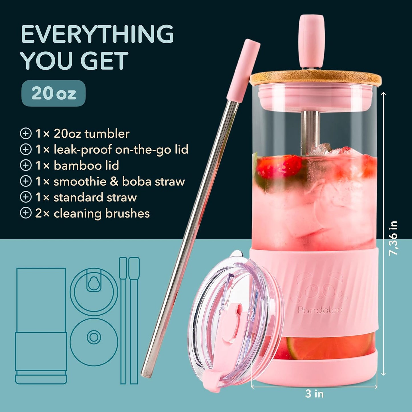 Pandaloo® Glass Cups With Lids and Straws -20 Fl Oz- Perfect Size Iced Coffee Cup - Smoothie Cup With Bamboo Lid and On the go Lid - Glass Tumbler With Straw (1 Count (Pack of 1), Lilac Rhapsody)