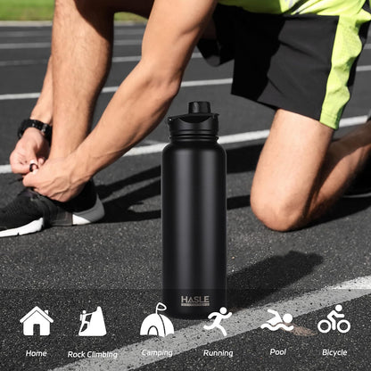HASLE OUTFITTERS 32 oz Insulated Water Bottle Stainless Steel Double Walled Vacuum Sports Water Bottle with 2 Lids (Straw and Spout Lid) for Gym Camping Hiking(Black,1)