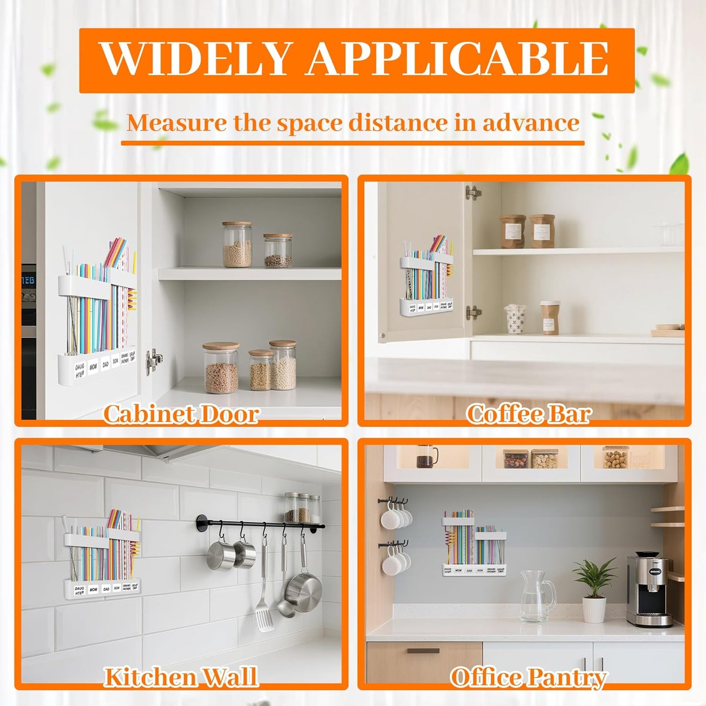 Upgraded 9.84" Large Straw Holder for Cabinet Door, 3-Part Adjustable Straw Organizer Storage with Strong Adhesive Double-sided Tape, Ultra Sticky Under-Cabinet Mount Storage (Transparent)