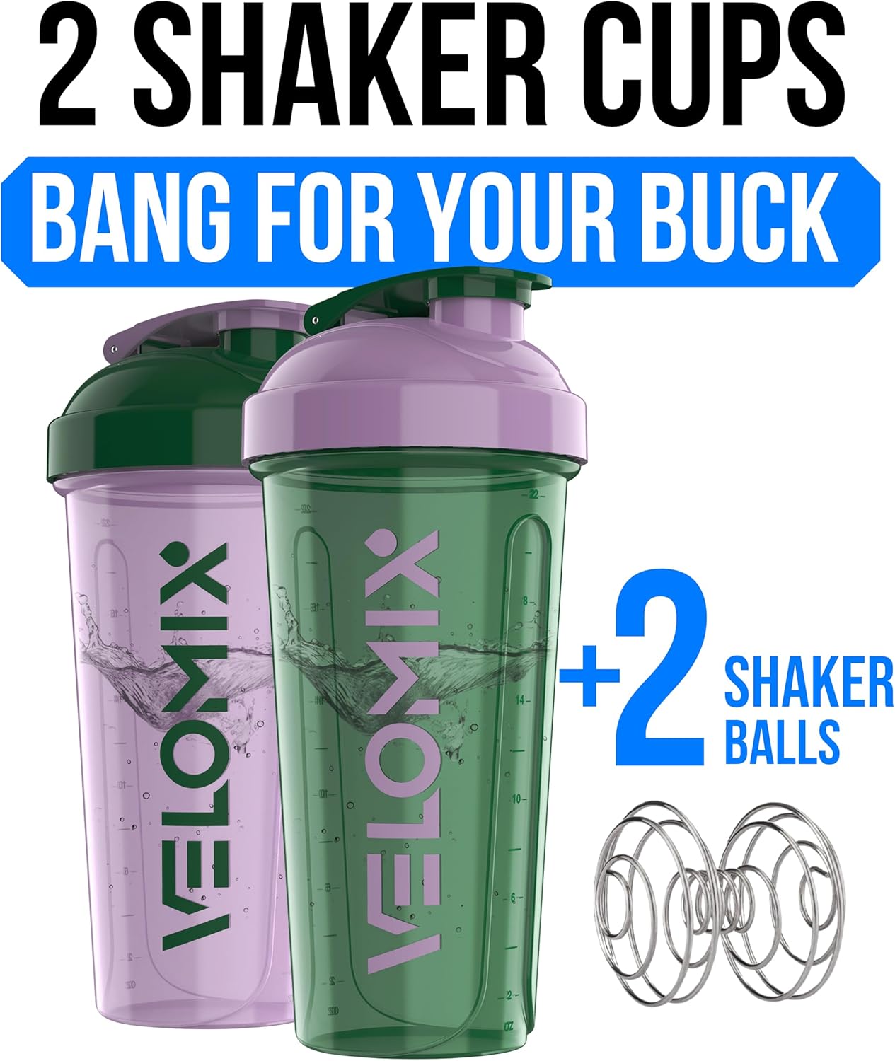 VELOMIX -2 Pack- 28 oz Protein Shaker Bottles for Protein Mixes - 2x Wire Whisk | Leak Proof Shaker Cups for Protein Shakes | Protein Shaker Bottle Pack (Black/Transparent)