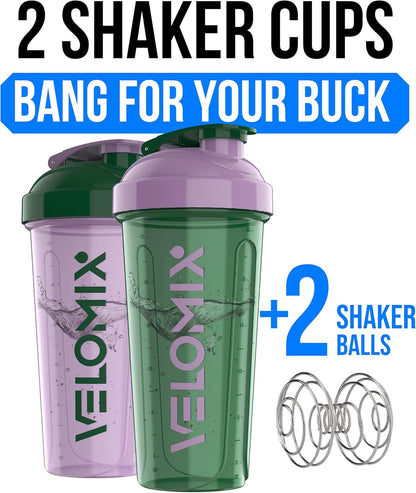 VELOMIX -2 Pack- 28 oz Protein Shaker Bottles for Protein Mixes - 2x Wire Whisk | Leak Proof Shaker Cups for Protein Shakes | Protein Shaker Bottle Pack (Black/Transparent)
