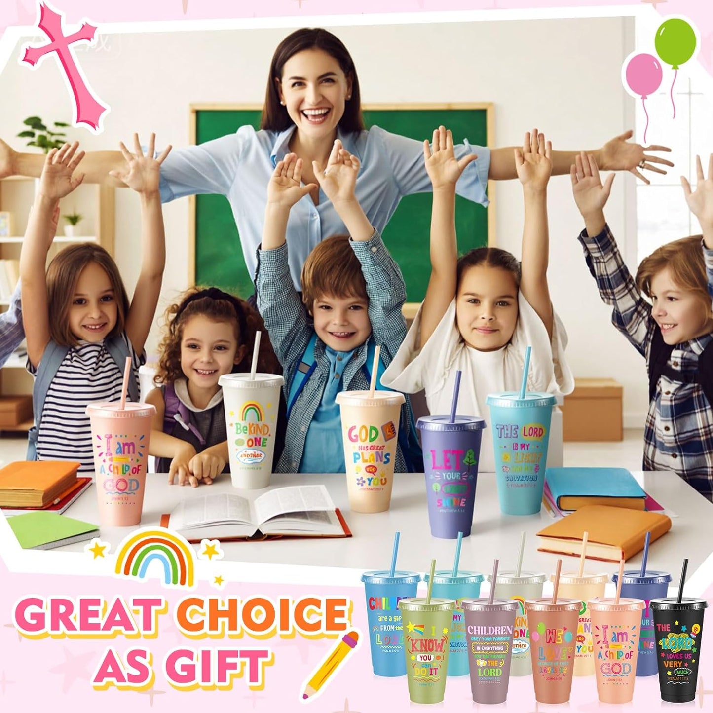 Uiifan 10 Pcs Christian Tumblers with Straws for Kids, Bible Verse Cups for VBS, Sunday School, Church Party Favors and Faith Gifts, Reusable Plastic Tumblers with Lids, 24 oz, White