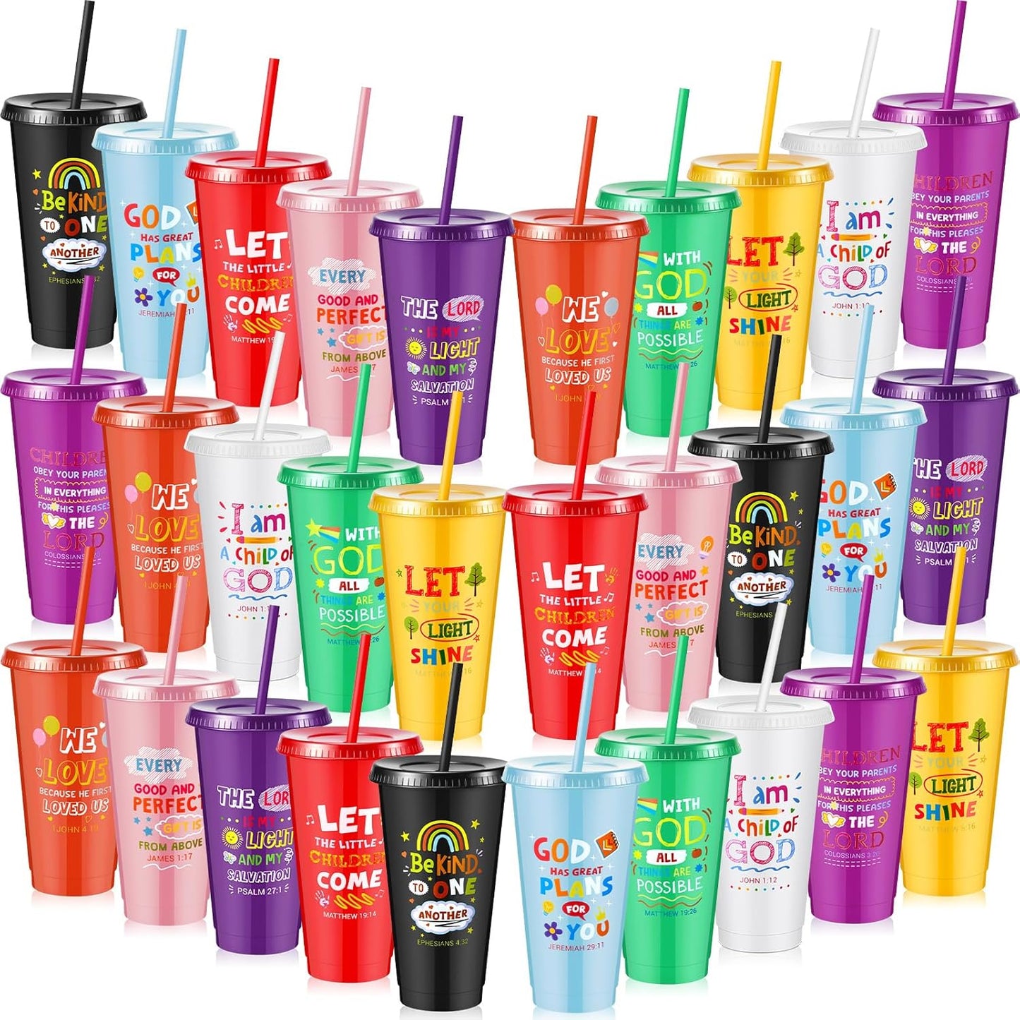 Uiifan 10 Pcs Christian Tumblers with Straws for Kids, Bible Verse Cups for VBS, Sunday School, Church Party Favors and Faith Gifts, Reusable Plastic Tumblers with Lids, 24 oz, White