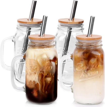 ANOTION Mason Jar Iced Coffee Cup with Lid and Straw, 24oz Regular Mouth Mason Jars with Handle Glass Coffee Drinking Glasses Tumbler Reusable Cups Bottles for Iced Coffee Cups for Travel Office Home