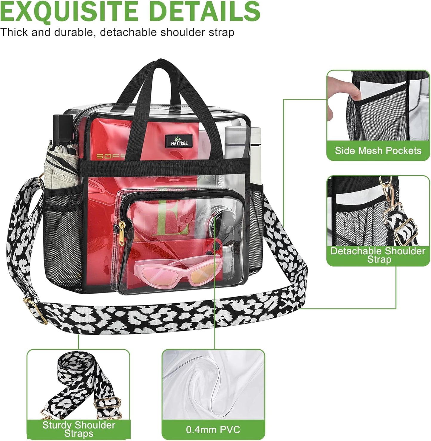 MAY TREE Clear Bag for Stadium Events, 12×5.5×12 Clear Tote Lunch Bag with Non-detachable Reinforced Straps for Work, Sporting Events and Gym, Black