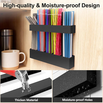 9.5” Large Acrylic Straw Holder for Cabinet Door, Reusable Adjustable Two-Part Straws Organizer with Ultra Sticky Adhesive Strips, 2026 Straw Storage for Kitchen Cupboard (Transparent)